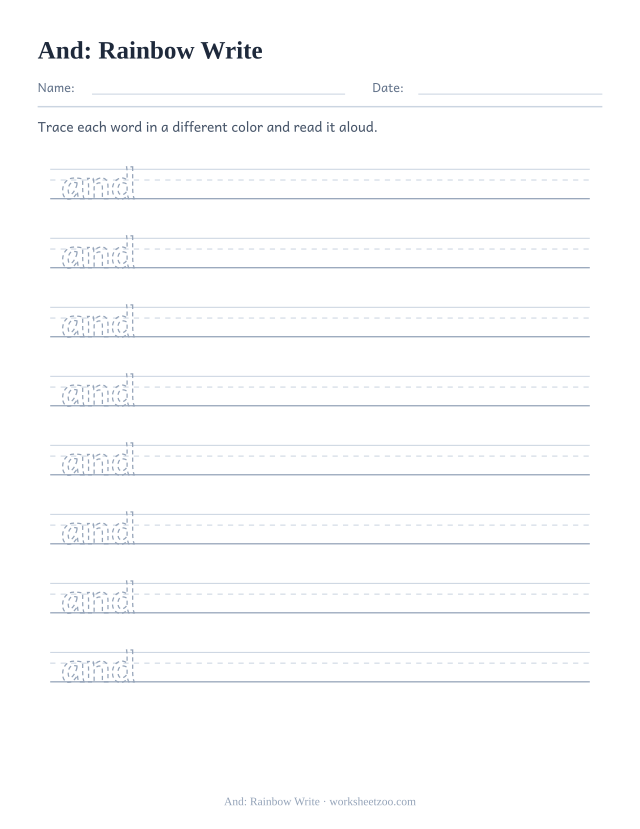 Sight word “and” worksheet, rainbow write printable activity