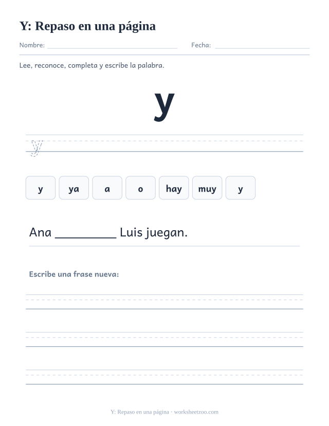 Ficha de la palabra frecuente «y», repaso en una página para imprimir