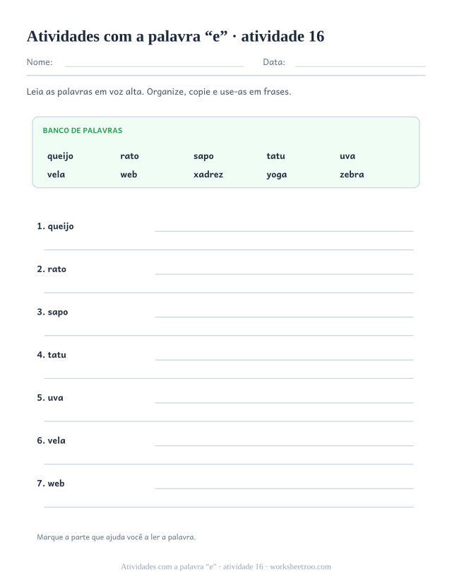 Prévia de Atividades com a palavra “e”, atividade 16 para imprimir