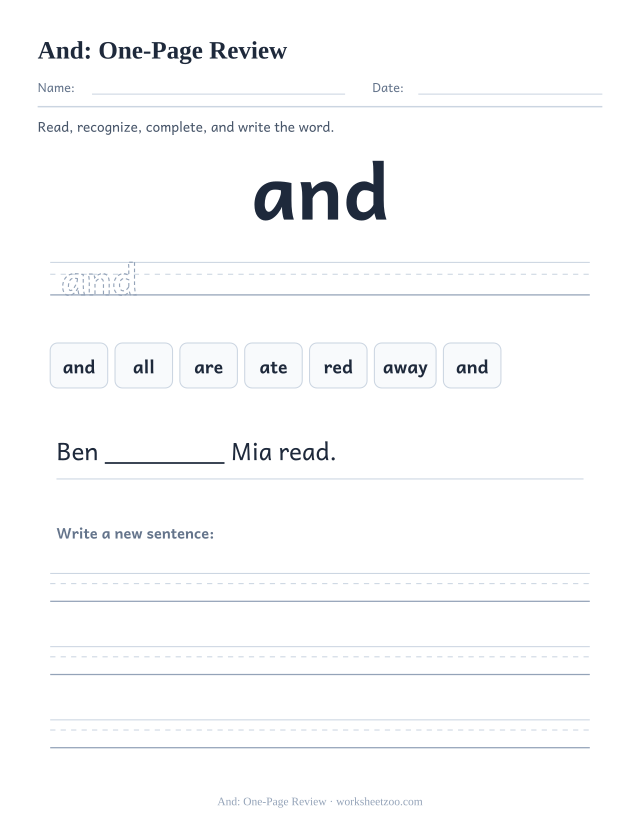 Sight word “and” worksheet, one-page review printable activity