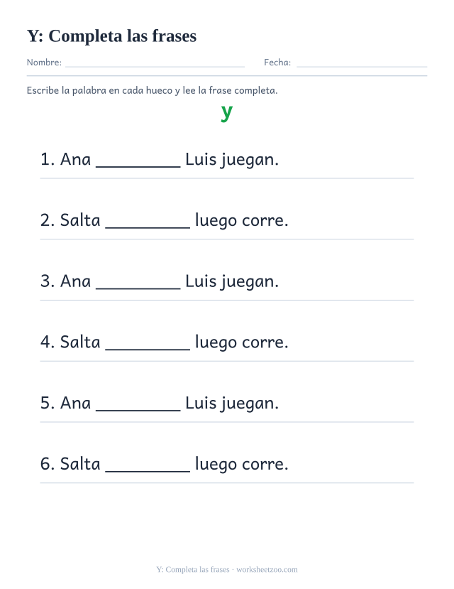 Ficha de la palabra frecuente «y», completa las frases para imprimir