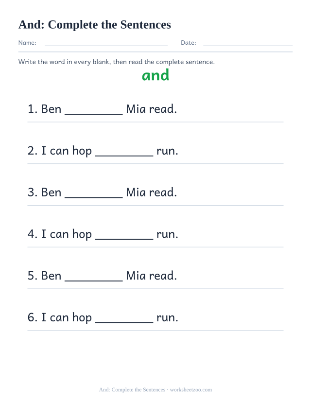 Sight word “and” worksheet, complete the sentences printable activity