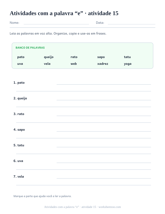 Prévia de Atividades com a palavra “e”, atividade 15 para imprimir