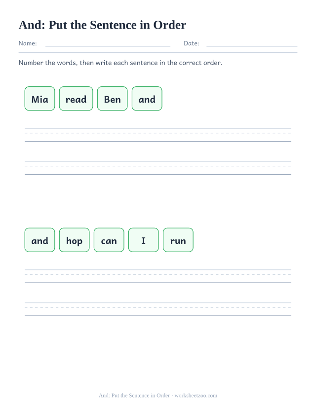 Sight word “and” worksheet, put the sentence in order printable activity