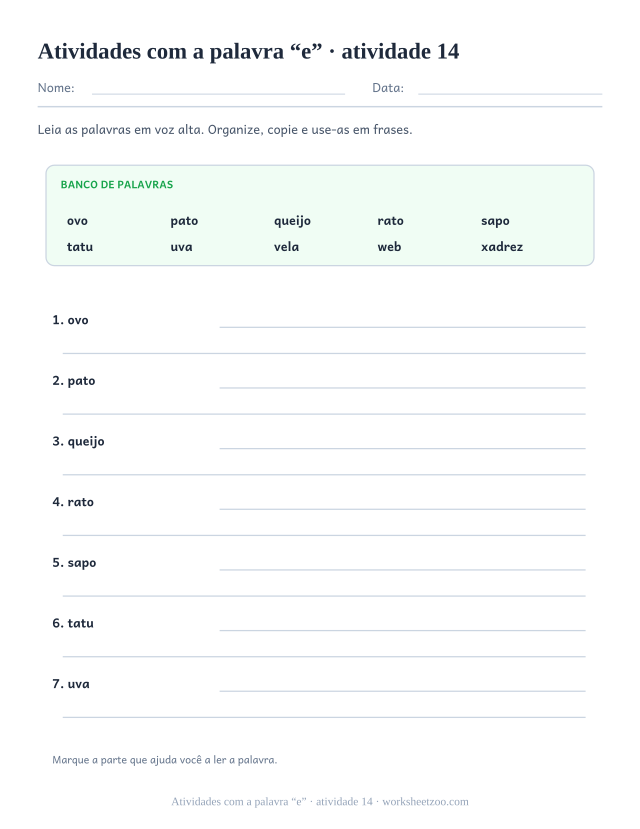 Prévia de Atividades com a palavra “e”, atividade 14 para imprimir