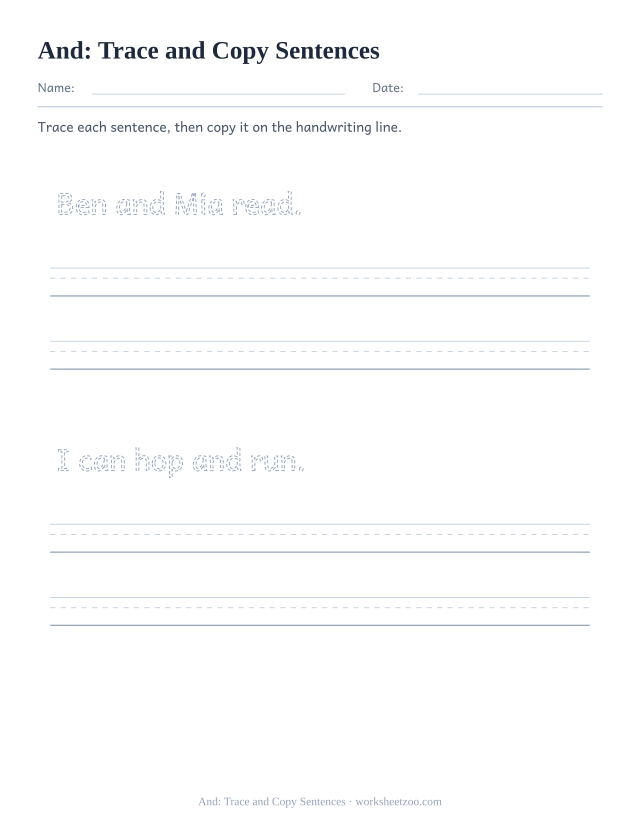 Sight word “and” worksheet, trace and copy sentences printable activity