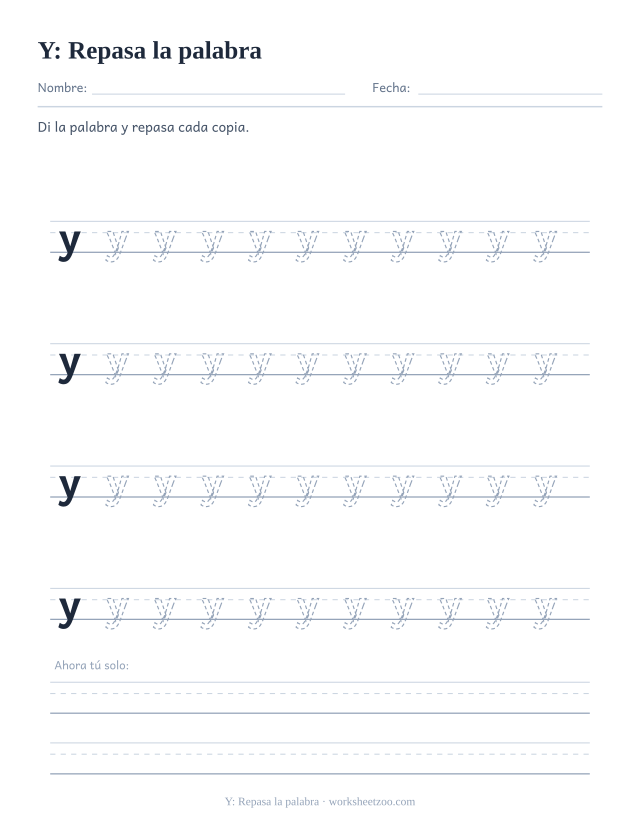 Ficha de la palabra frecuente «y», repasa la palabra para imprimir