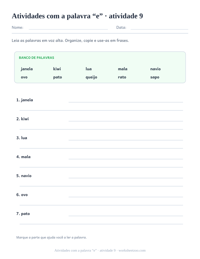 Prévia de Atividades com a palavra “e”, atividade 9 para imprimir