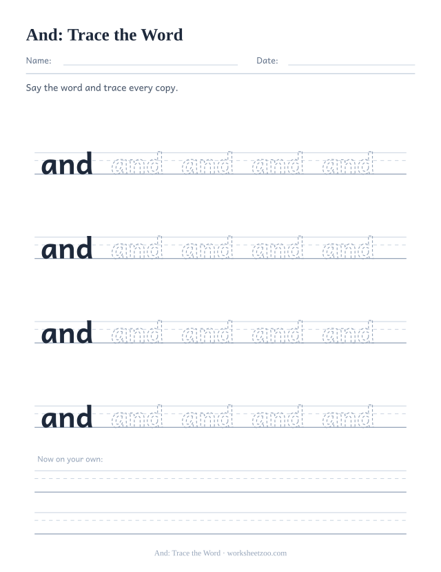 Sight word “and” worksheet, trace the word printable activity