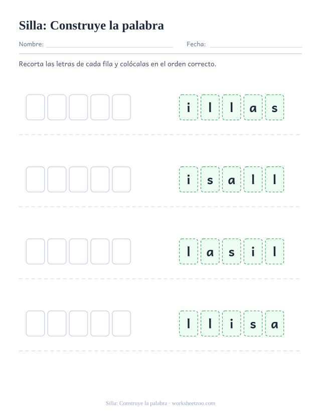 Ficha de la palabra frecuente «silla», construye la palabra para imprimir