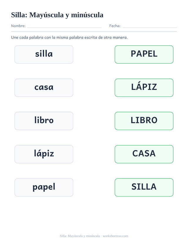 Ficha de la palabra frecuente «silla», mayúscula y minúscula para imprimir