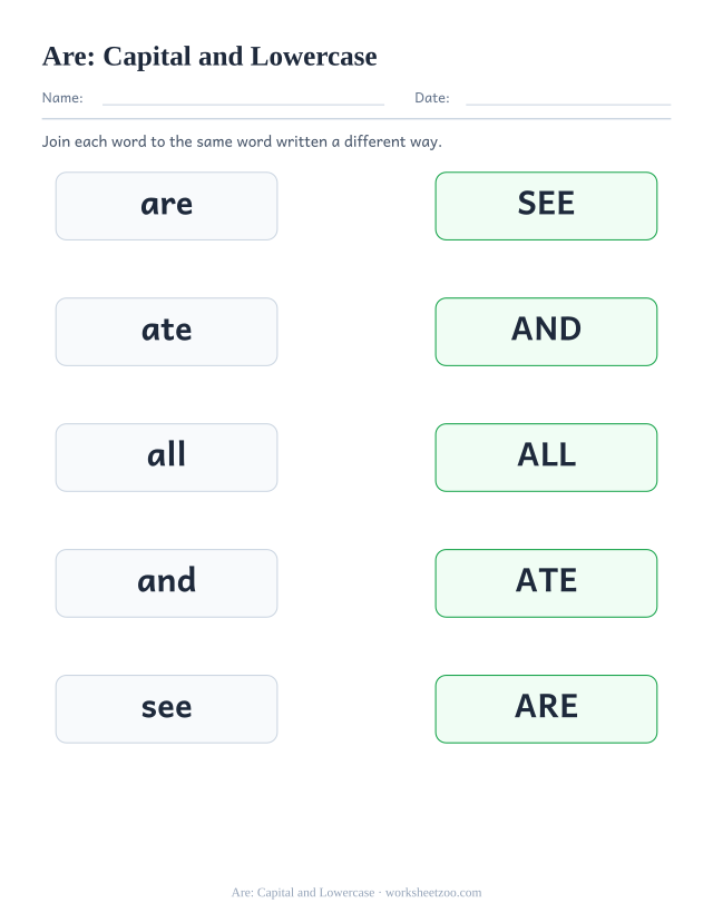Sight word “are” worksheet, capital and lowercase printable activity
