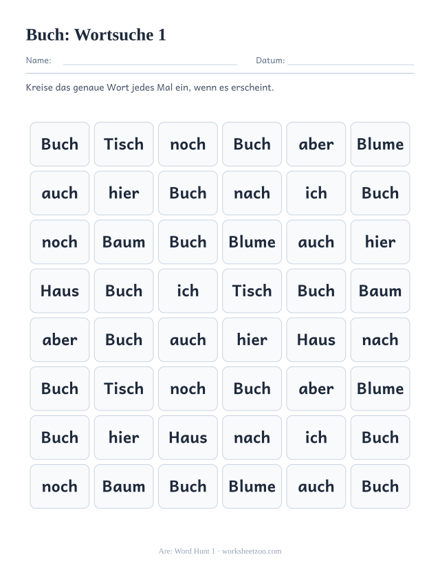 Vorschau: häufiges Wort „Buch“, Wortsuche 1