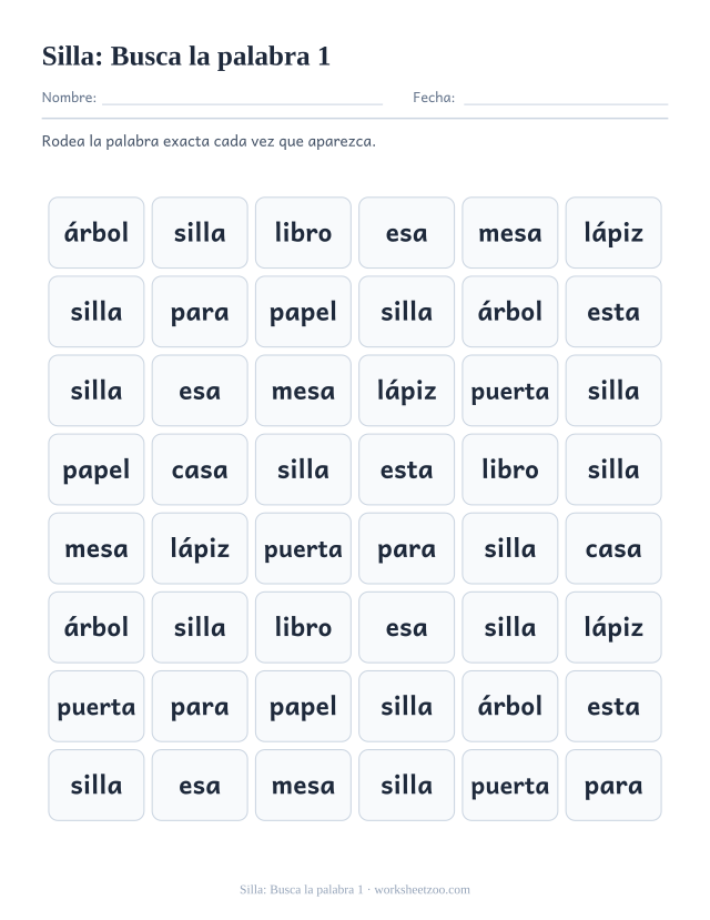 Ficha de la palabra frecuente «silla», busca la palabra 1 para imprimir