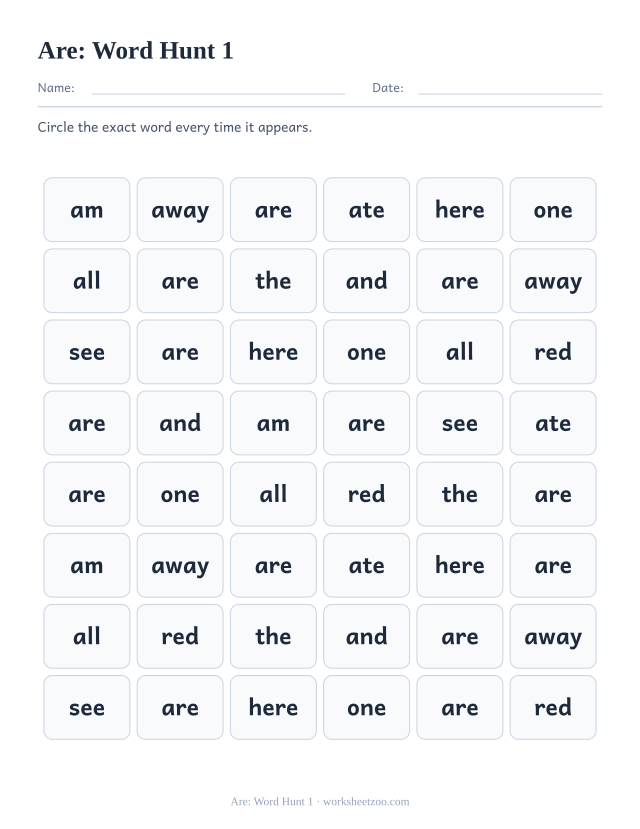Sight word “are” worksheet, word hunt 1 printable activity