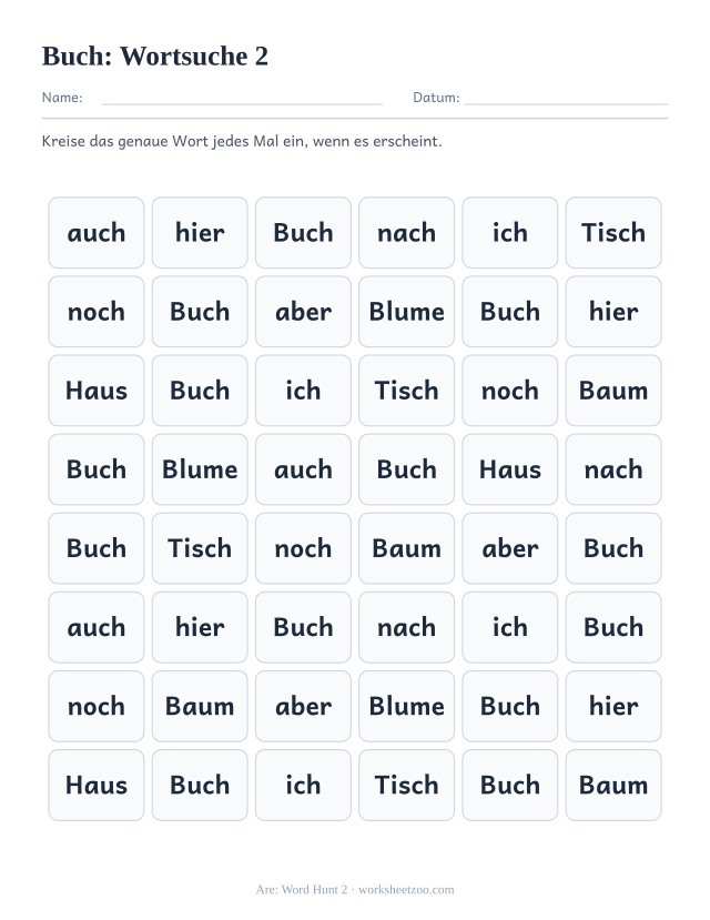 Vorschau: häufiges Wort „Buch“, Wortsuche 2