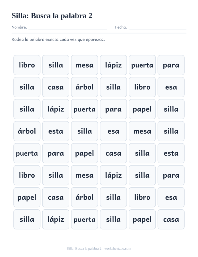 Ficha de la palabra frecuente «silla», busca la palabra 2 para imprimir