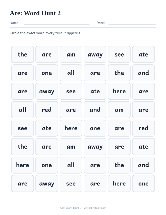 Sight word “are” worksheet, word hunt 2 printable activity