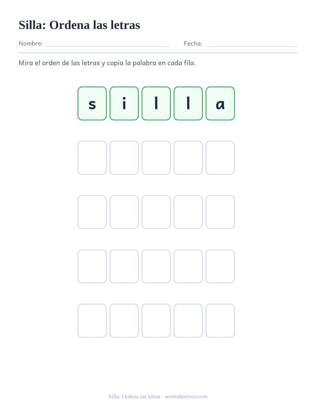 Ficha de la palabra frecuente «silla», ordena las letras para imprimir