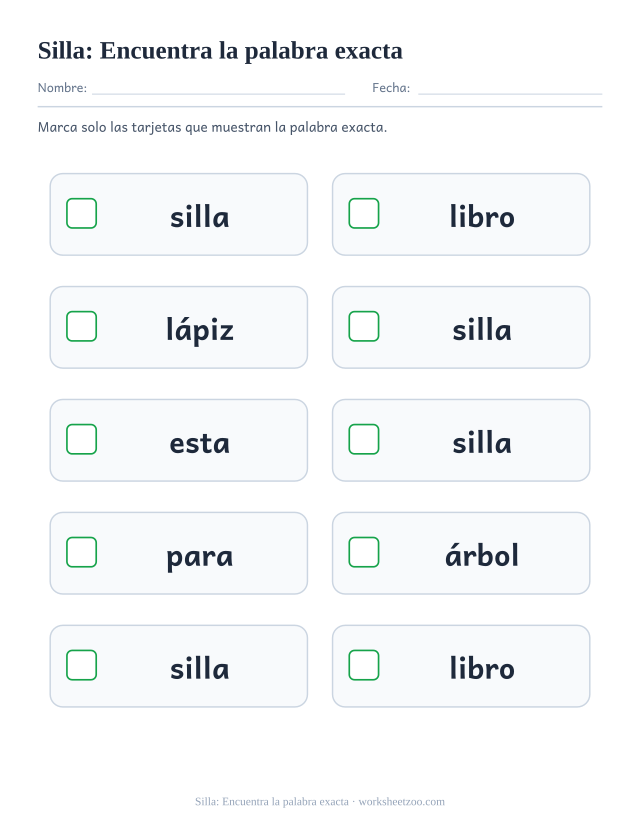 Ficha de la palabra frecuente «silla», encuentra la palabra exacta para imprimir