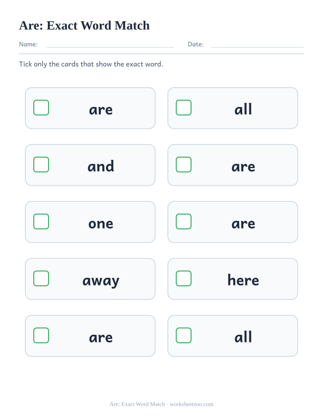 Sight word “are” worksheet, exact word match printable activity