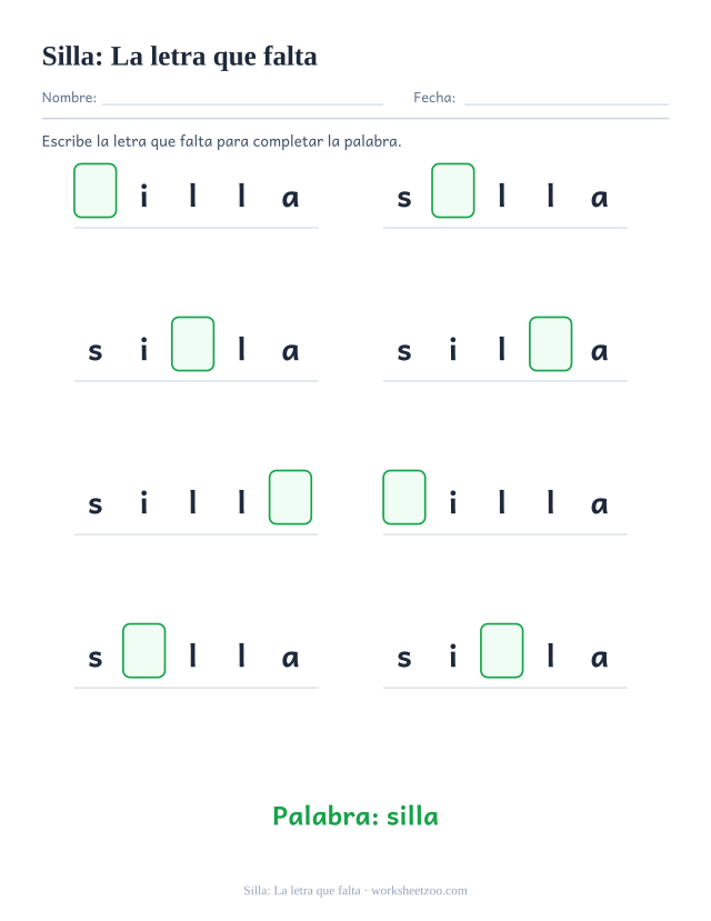 Ficha de la palabra frecuente «silla», la letra que falta para imprimir