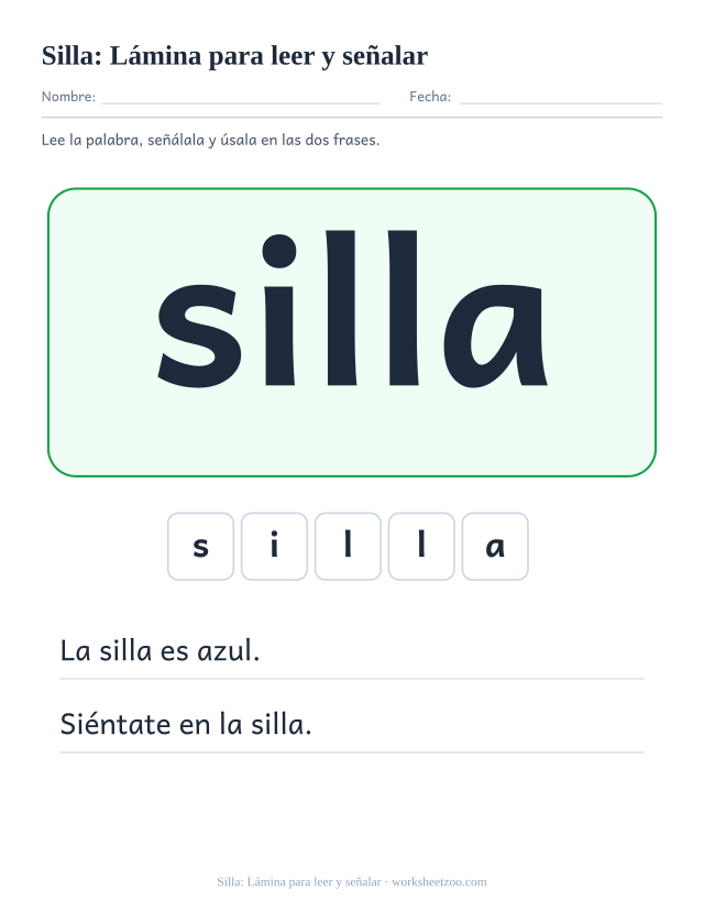 Ficha de la palabra frecuente «silla», lámina para leer y señalar para imprimir