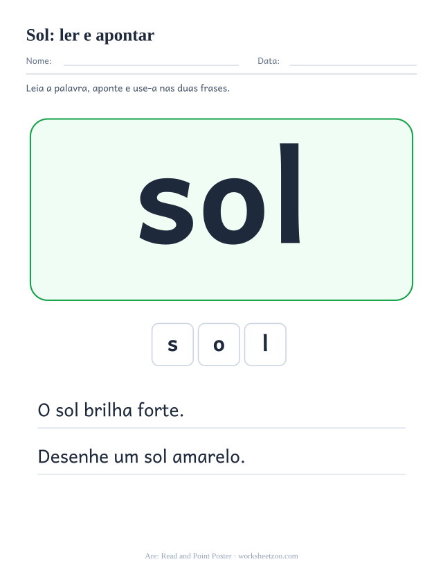 Prévia da palavra frequente “sol”, ler e apontar