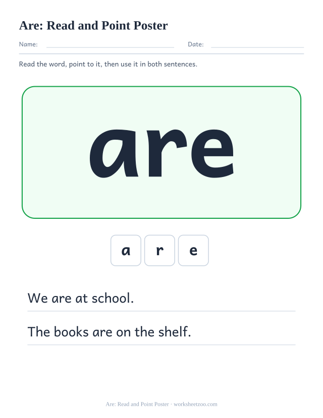 Sight word “are” worksheet, read and point poster printable activity
