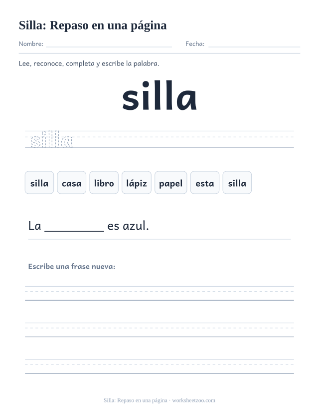Ficha de la palabra frecuente «silla», repaso en una página para imprimir
