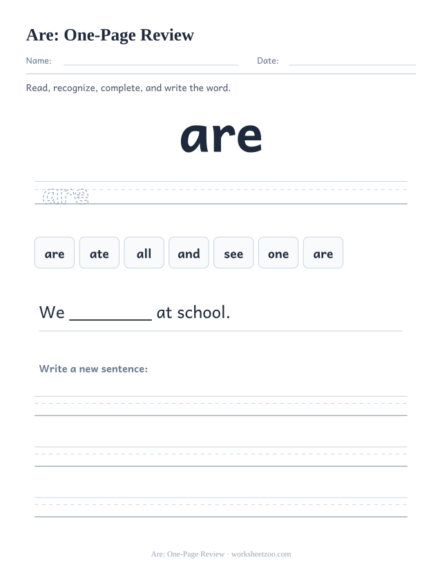 Sight word “are” worksheet, one-page review printable activity