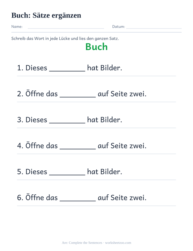Vorschau: häufiges Wort „Buch“, Sätze ergänzen