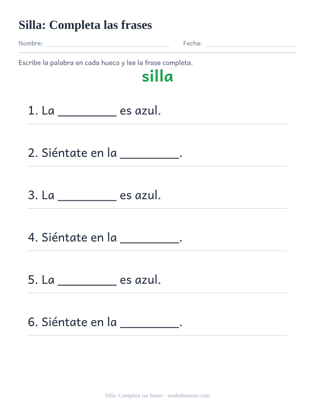 Ficha de la palabra frecuente «silla», completa las frases para imprimir