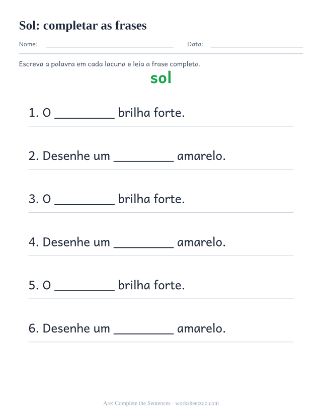 Prévia da palavra frequente “sol”, completar as frases