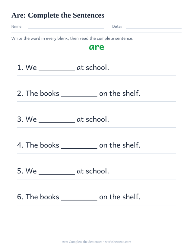 Sight word “are” worksheet, complete the sentences printable activity