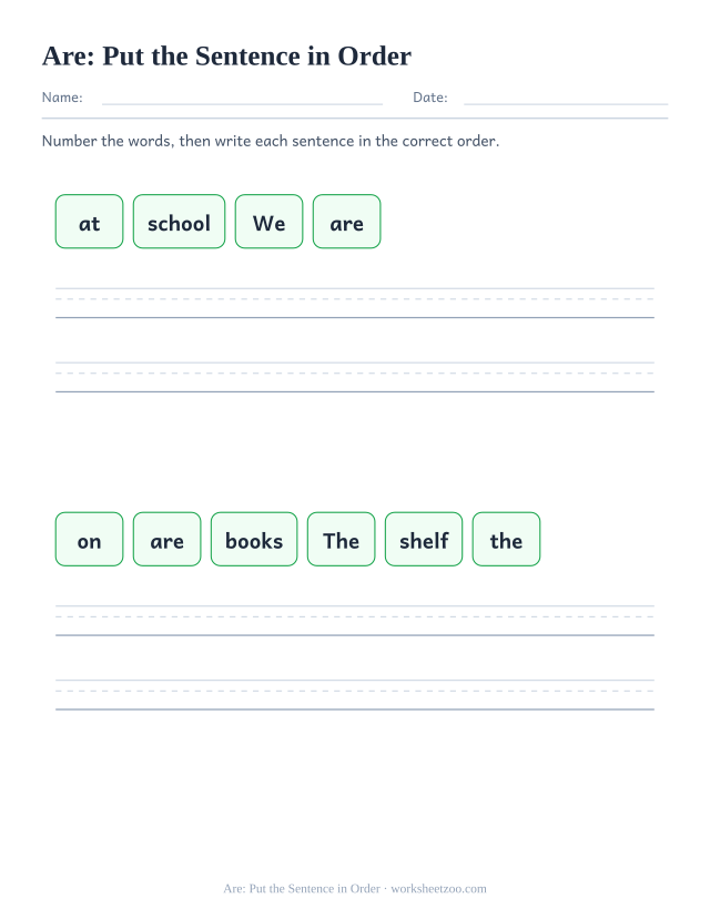 Sight word “are” worksheet, put the sentence in order printable activity