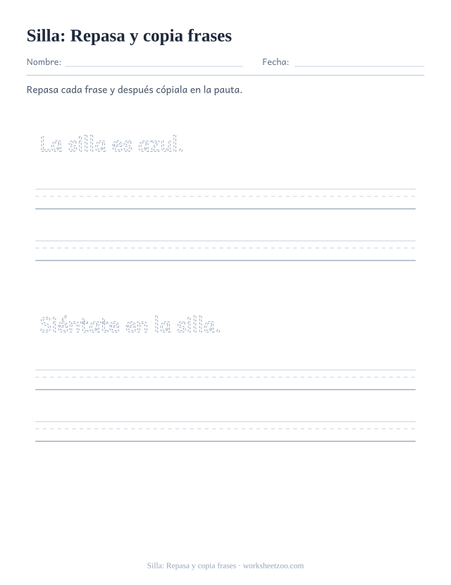 Ficha de la palabra frecuente «silla», repasa y copia frases para imprimir