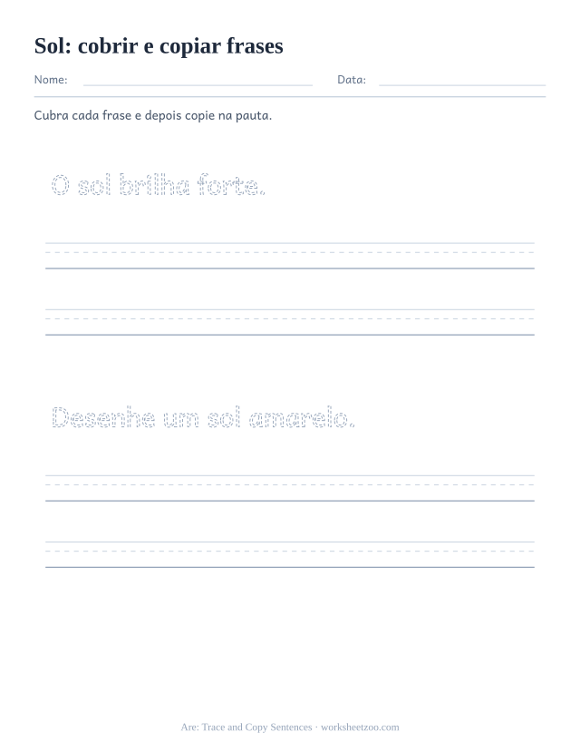 Prévia da palavra frequente “sol”, cobrir e copiar frases
