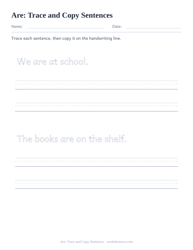 Sight word “are” worksheet, trace and copy sentences printable activity