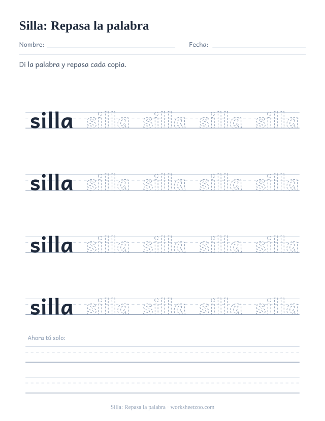 Ficha de la palabra frecuente «silla», repasa la palabra para imprimir