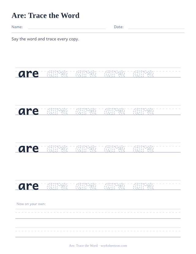 Sight word “are” worksheet, trace the word printable activity
