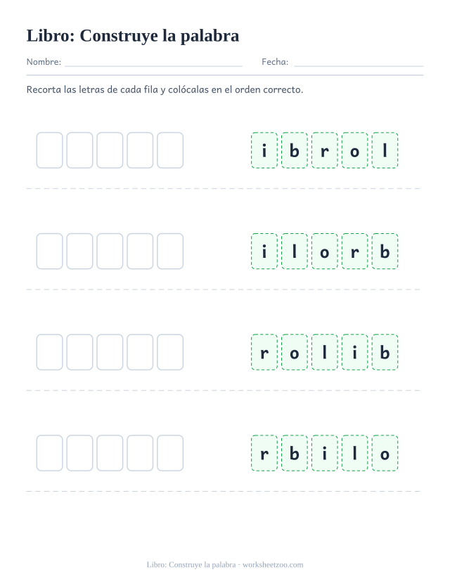 Ficha de la palabra frecuente «libro», construye la palabra para imprimir