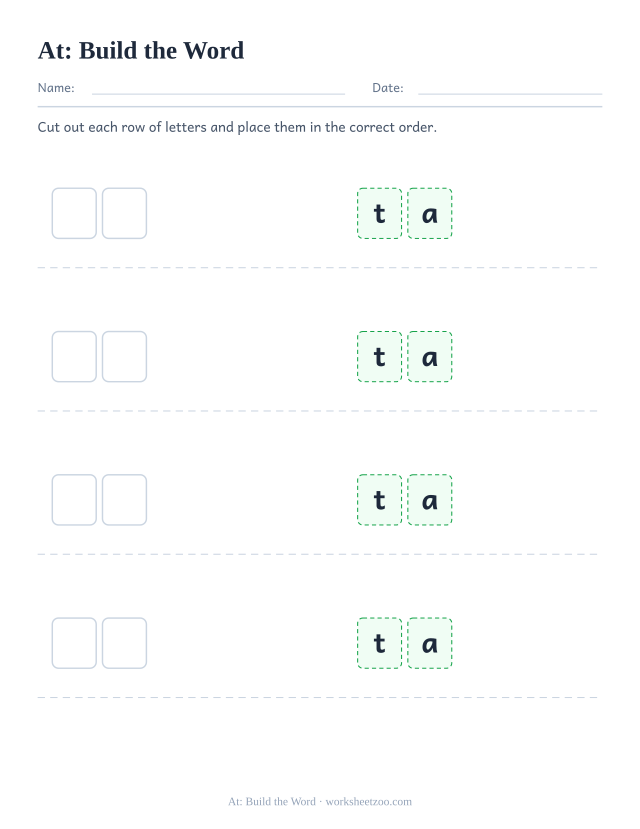Sight word “at” worksheet, build the word printable activity