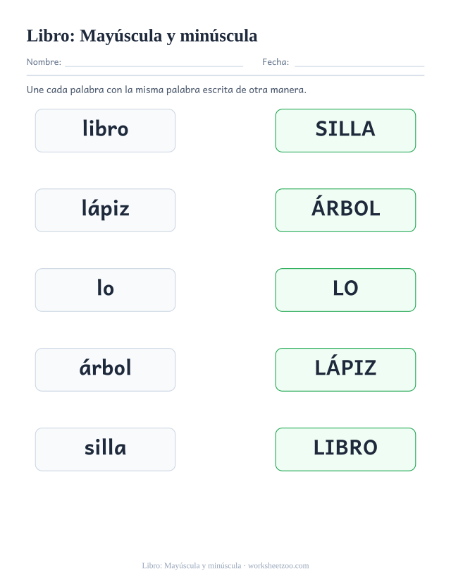 Ficha de la palabra frecuente «libro», mayúscula y minúscula para imprimir