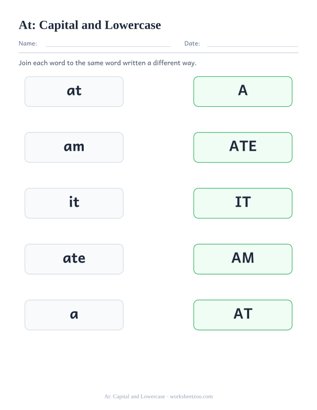 Sight word “at” worksheet, capital and lowercase printable activity
