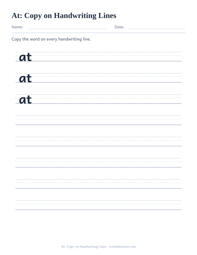 Sight word “at” worksheet, copy on handwriting lines printable activity
