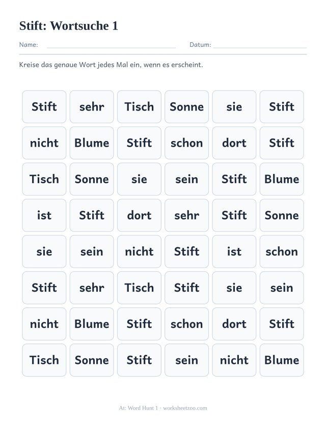 Vorschau: häufiges Wort „Stift“, Wortsuche 1