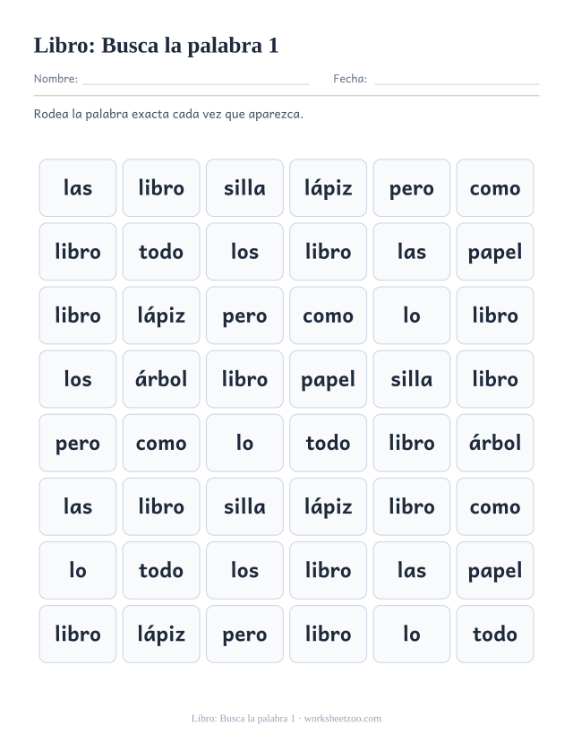 Ficha de la palabra frecuente «libro», busca la palabra 1 para imprimir