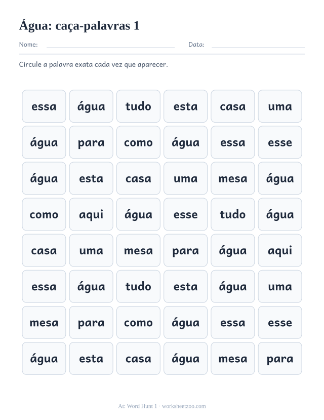 Prévia da palavra frequente “água”, caça-palavras 1