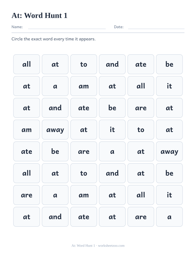 Sight word “at” worksheet, word hunt 1 printable activity